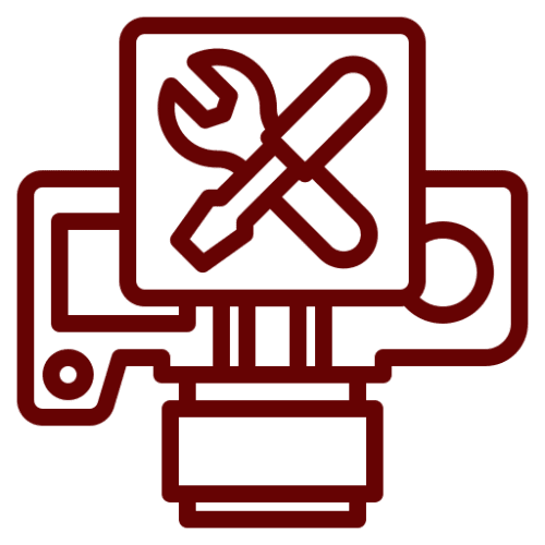 Red mechanical tool icon on black background.