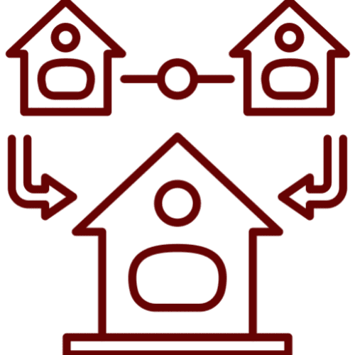 Red house network with arrows and circles.