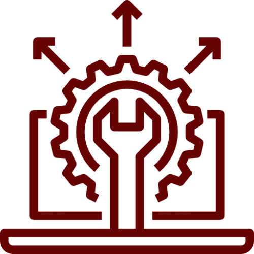 Red gear and wrench icon on black.