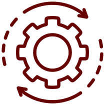 Red gear with circular arrows, black background.