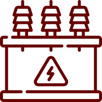 Red electric transformer icon on black background.