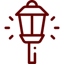 Red streetlamp icon on black background.