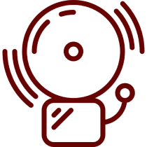 Red alarm bell icon on black background.